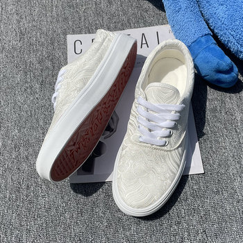 National Trend Retro White Embroidered Low-Top Summer Breathable Men's Shoes High Street Couple Versatile Canvas Shoes Sports Sneakers