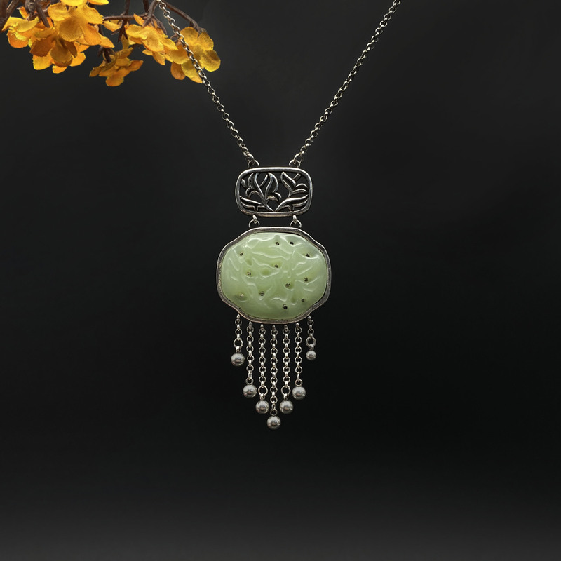 Luxurious Jade Bamboo Hollow Sweater Chain Pendant, Silver-Plated Imitation Hetian Jade, Vintage Distressed Craftsmanship, Tassel Long Necklace for Women