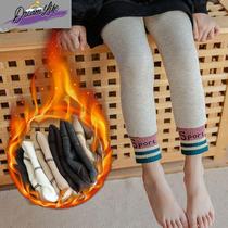 Winter girls leggings lambswool nine-point pants waist protector ankle lettering childrens thermal pants vertical striped socks