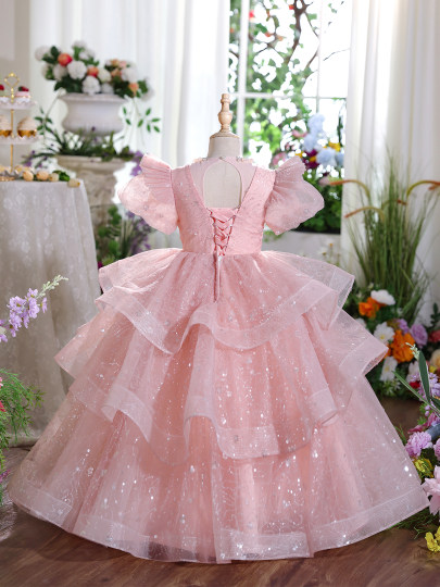 粉色女童礼服小众高端生日花童公主裙儿童绝美主持人钢琴表演出服