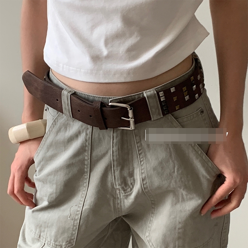 Unisex Vintage Brown Studded Belt Hip-Hop Street Leather Belt Jeans Belt