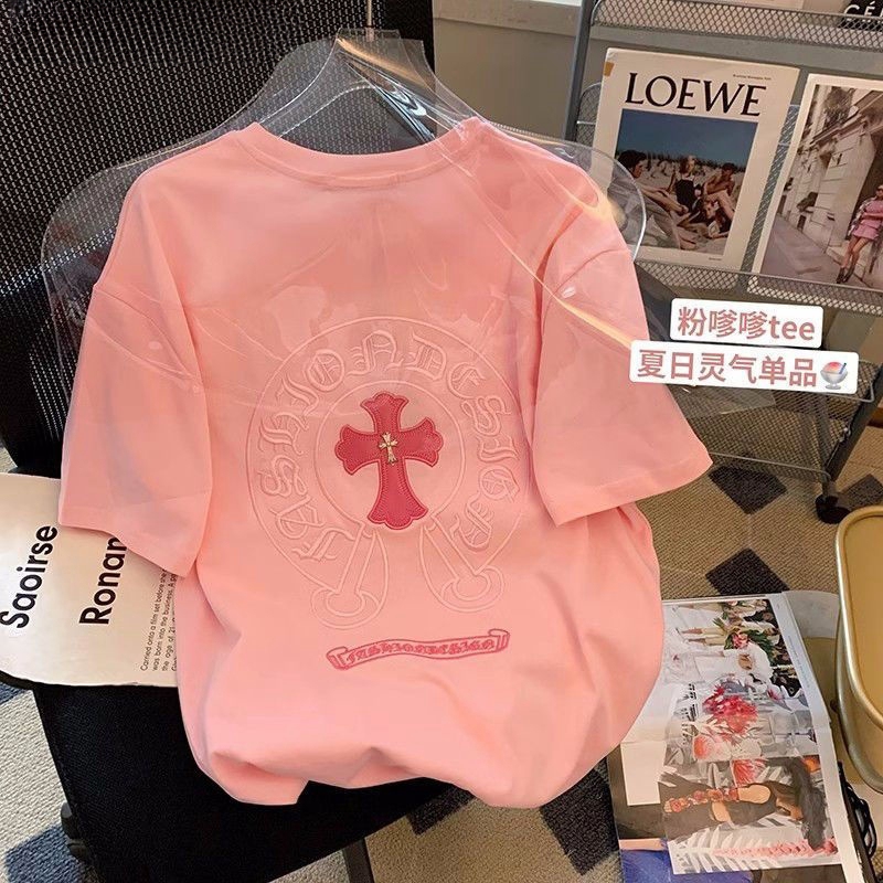 150kg Plus Size Retro Pure Cotton Embroidered Short-Sleeved T-Shirt for Men and Women, Summer Loose and Chic Couple T-Shirt Top