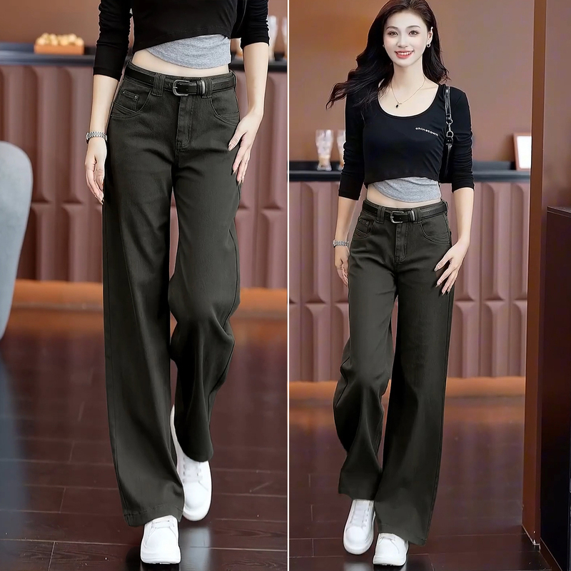 Military Green High-Waisted Straight-Leg Jeans for Women, Autumn 2026 New Fashion Loose Casual Pants, Slimming Narrow Wide-Leg Pants