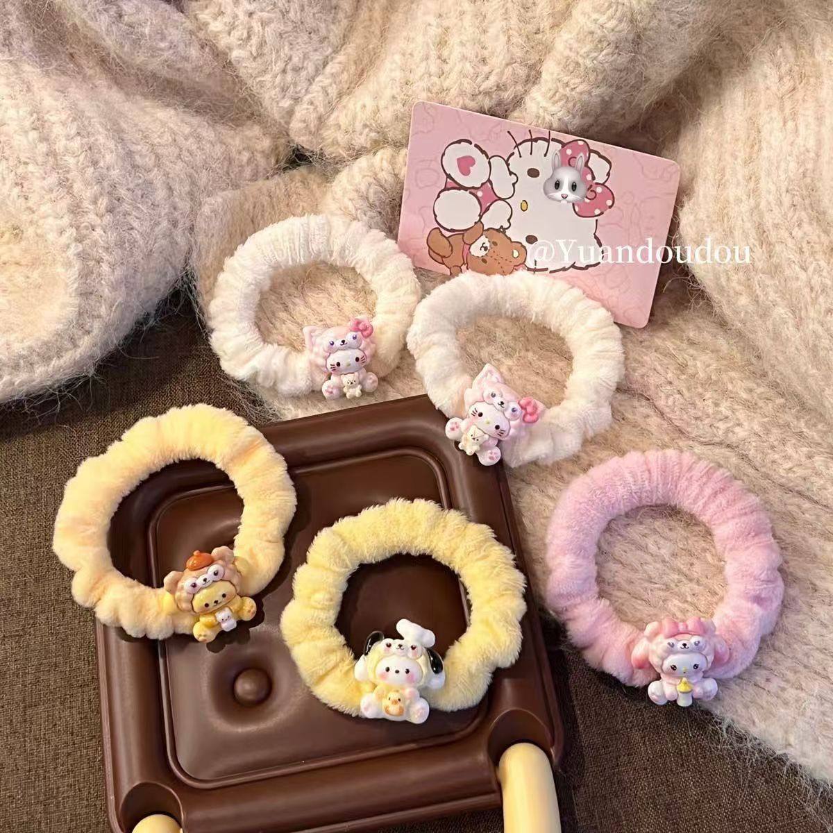 Милая кошачья веревка для волос Sanrio kt, молочная жужжащая высокоэластичная головная веревка, кольцо для волос в виде сердца для девочек, милые мультяшные аксессуары для волос
