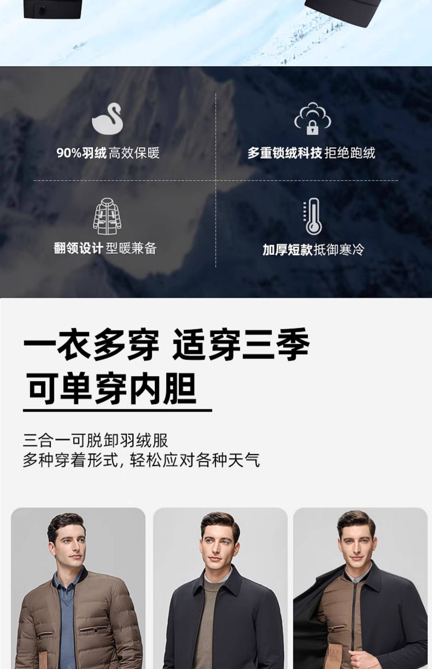 鸭鸭 可拆卸鹅绒内胆 男式羽绒服 双重优惠折后￥329包邮 3色可选