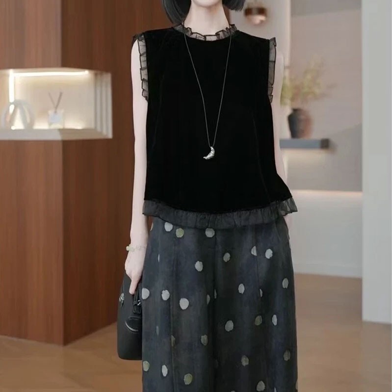 Black Stylish Ruffled Sleeveless Top for Women, Summer 2026, Velvet Spliced with Mesh, Slimming and Versatile, Elegant Women's Clothing