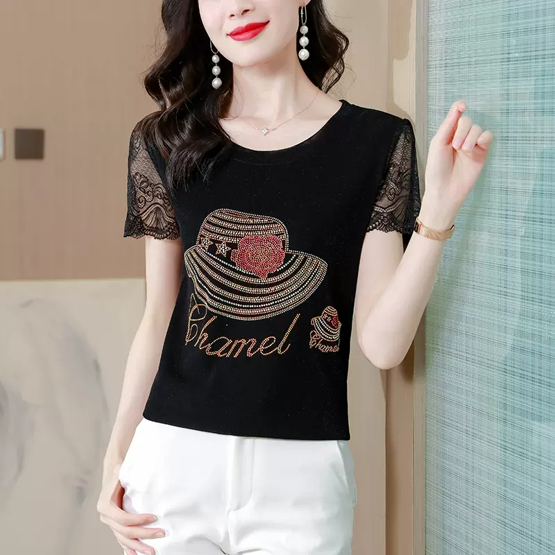 Black Lace Mesh Ice Silk Short-Sleeved T-Shirt for Women, Summer 2026 New Style, Stylish Printed Mother's Clothing, Belly-Covering Top