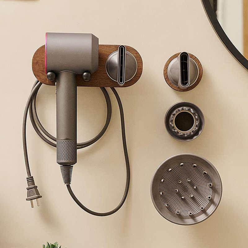 Hair Dryer Shelf Free to punch bathroom Electric blow dryer Toilet Air Duct Hanging containing rack Walnut Wood Black-Taobao