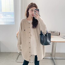 French FAD ZOMO maternity coat spring and autumn college style knitted sweater cardigan khaki mid-length coat