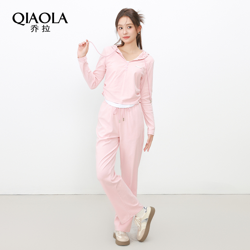 Qiao La [Peach New Tea] Early Autumn New Pink Hooded Cardigan Top Women's Fashion Casual Suit Skirt