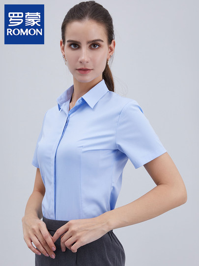 Romon Summer Women's Short-Sleeved Shirt Square Collar Blue Workwear Wrinkle-Resistant No-Iron Work Clothes Professional Attire White Shirt