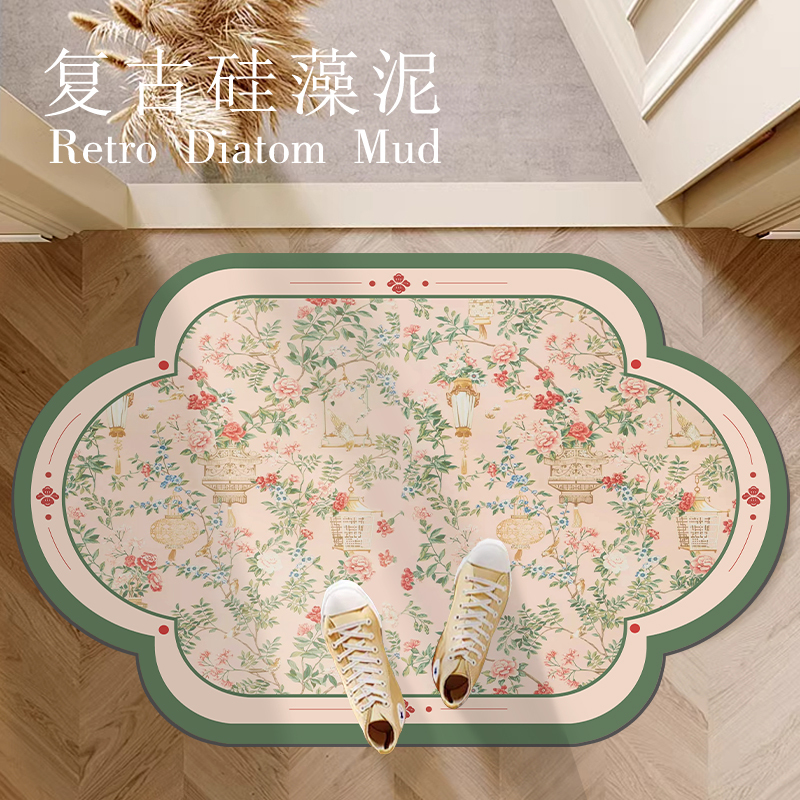 Floral American Retro Bathroom Door Mat Diatom Mud Soft Mat Quick-Drying Bathroom Non-Slip Foot Mat Absorbent Carpet