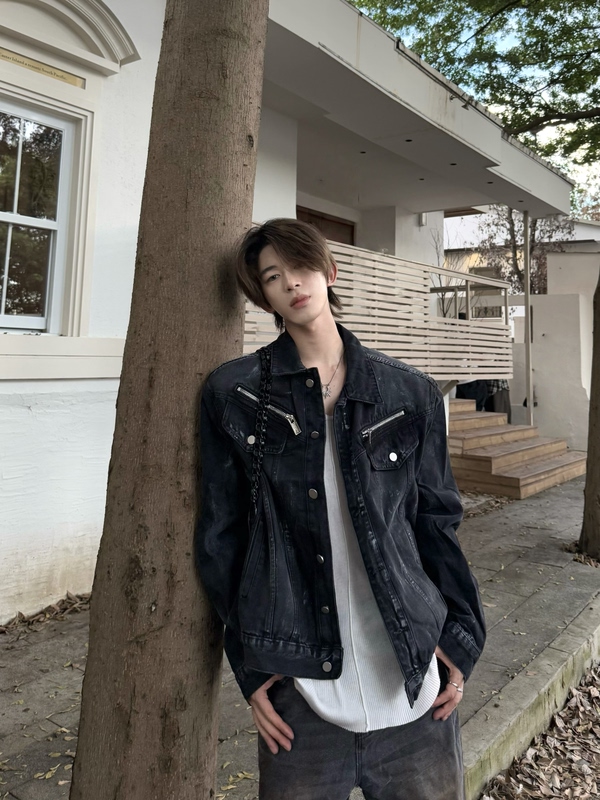 Jichuan Yep Autumn and Winter Niche Design Vintage Distressed Washed High-End Shoulder-Padded Short Denim Top