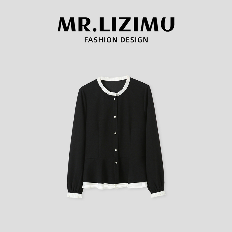 Plum Wood Patchwork Ruffled Collar Shirt for Women 2026 Spring and Autumn New Long-Sleeved Loose Casual Versatile Age-Reducing Top