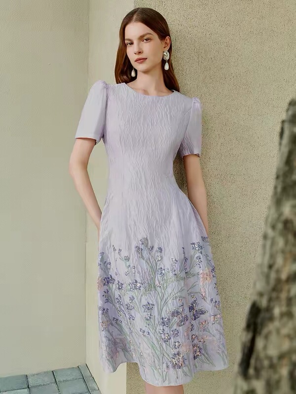 [Heavy Embroidery] Duoduo's 2026 Summer New Purple Jacquard Waist-Cinching Dress 1C66205100