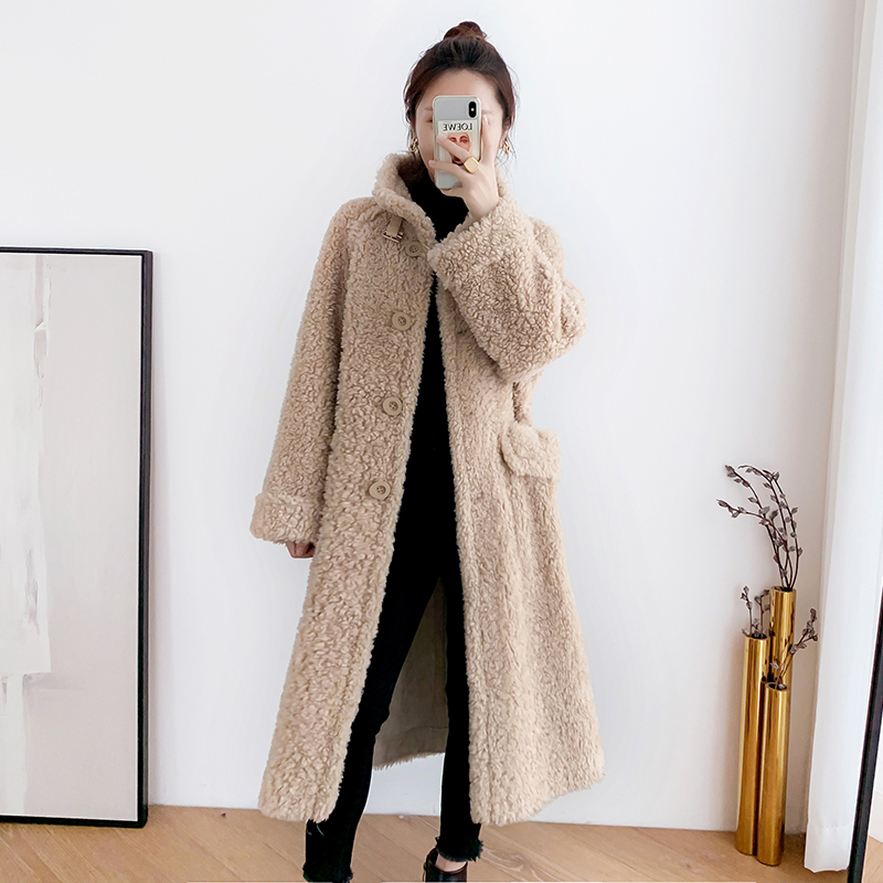 2020 new lamb wool coat women's mid-length sheep shearing coat with fur integrated Haining fur stand-up collar windbreaker