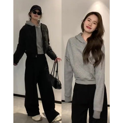 Gray Short Hooded Sweatshirt for Women, Suitable for Petite Figures, Slim Fit, Korean Style, Early Autumn Wear, Thin Material, Autumn 2025