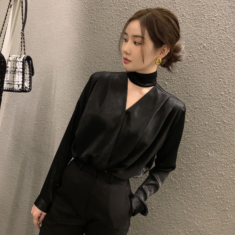 2026 Spring and Autumn High-End Lace-Up Acetate Satin Shirt for Women with Tie, French-Style High-End V-Neck Top