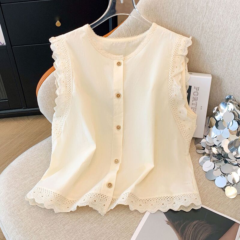 2026 French-Style Shirt with Lace Trim, New Sleeveless Design, Elegant Summer Top That Makes You Look Younger, Loose and Slimming, Versatile Top 2026 French-Style Shirt with Lace Trim, New Sleeveless Design, Elegant Summer Top That Makes You Look Younger, Loose and Slimming, Versatile Top