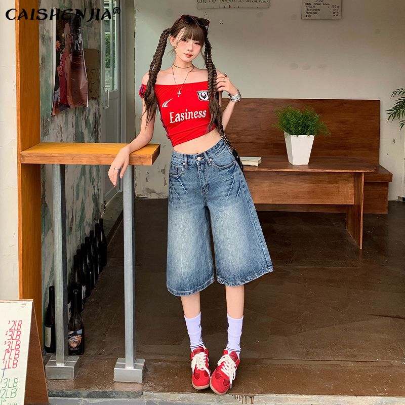 American Retro Blue Cropped Denim Shorts for Women, Summer 2026, Thin High-Waisted Loose Fit, Slimming Versatile Wide-Leg Mid-Length Pants