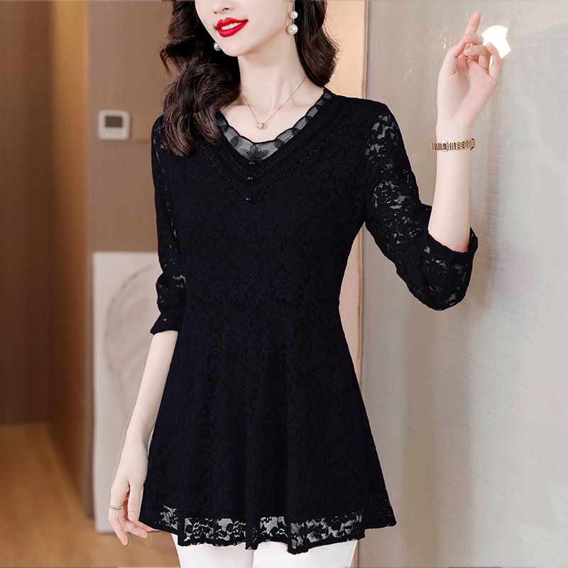 Black Lace Base Shirt for Women, 2026 New Autumn Hot-Selling Mid-Length Top That Covers the Hips, Stylish and High-End Blouse Black Lace Base Shirt for Women, 2026 New Autumn Hot-Selling Mid-Length Top That Covers the Hips, Stylish and High-End Blouse