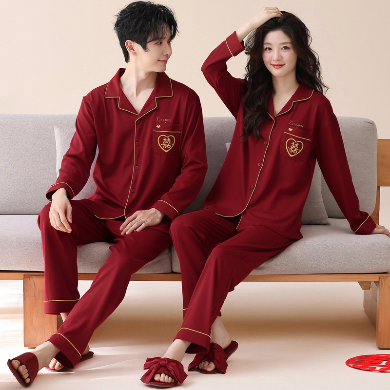 Red Pajamas Wedding Couple Set 2026 New Autumn Pure Cotton Long-Sleeved Men's and Women's Spring and Autumn Style Gift Box Set