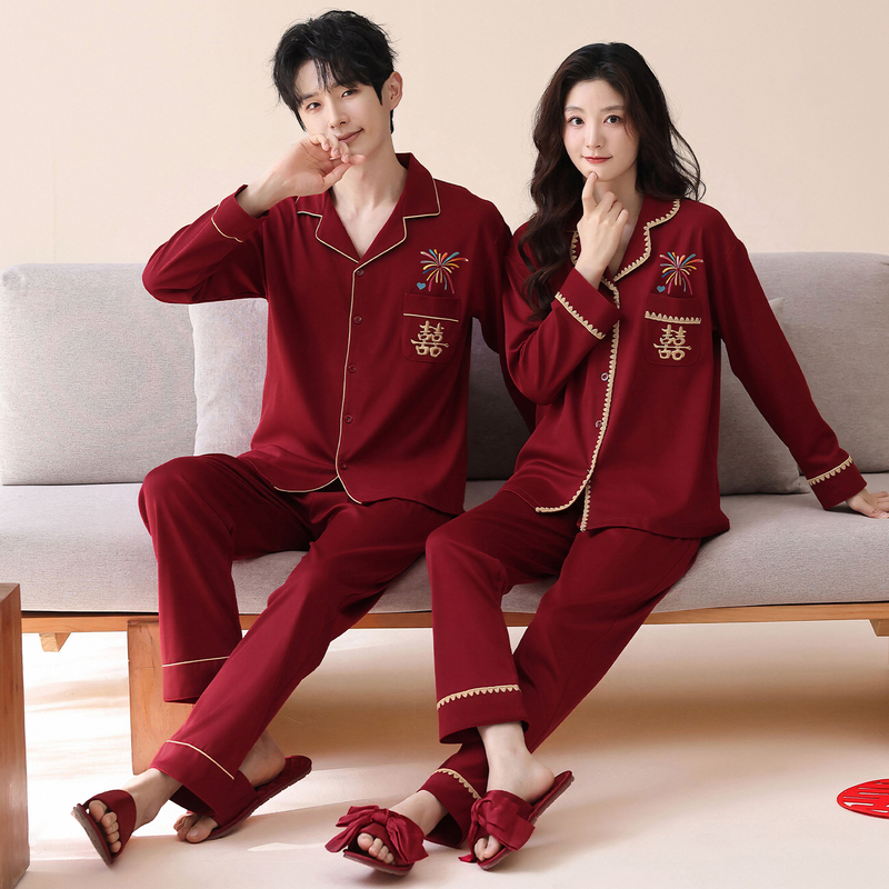 Pajamas with Chest Pads for Newlyweds, Autumn Couple's Set, Red Pure Cotton for Women, Long-Sleeved for Men, Spring and Autumn Style, Can Be Worn Outside Pajamas with Chest Pads for Newlyweds, Autumn Couple's Set, Red Pure Cotton for Women, Long-Sleeved for Men, Spring and Autumn Style, Can Be Worn Outside