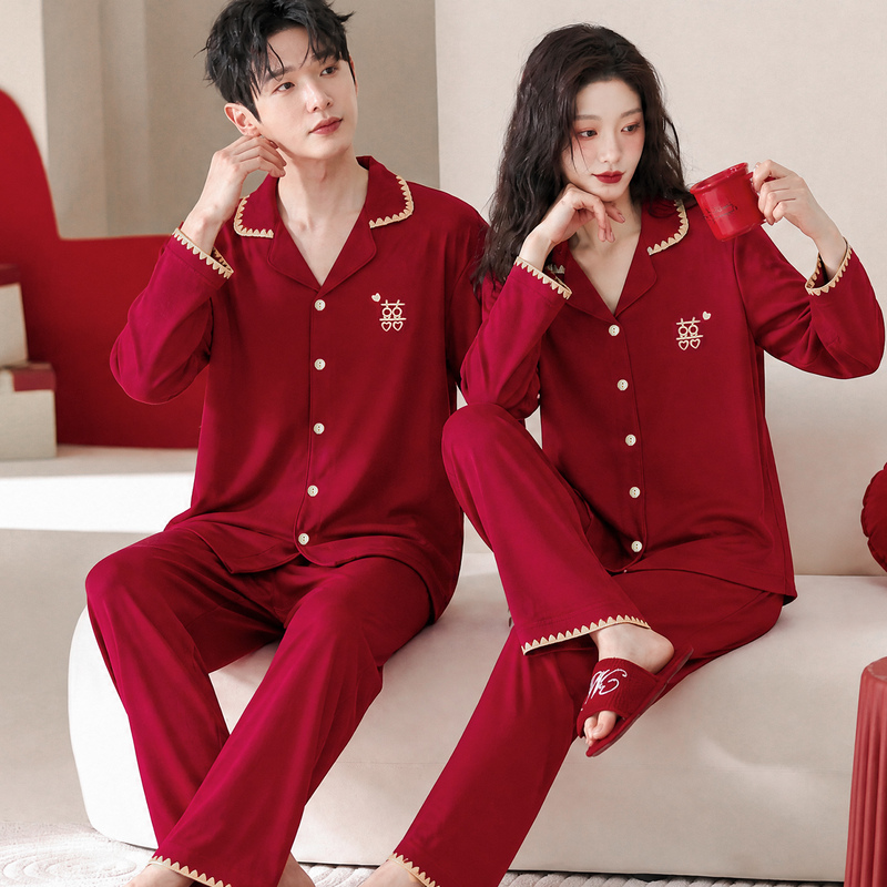 Red Pure Cotton Wedding Long-Sleeve Couple Pajamas, Autumn 2026 New Festive Men's and Women's Set, Spring and Autumn Style