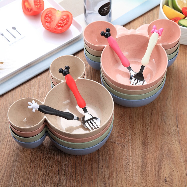 Tianmi Children's Tableware Mickey Bowl, Anti-Fall 304 Stainless Steel Mickey Spoon and Fork Set, Cartoon Divided Baby Plate
