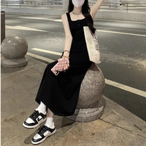 Sleeveless Black Harnesses One-piece Dress Woman Summer Dew Back Square Knit Braces in long style Skirt Casual a word skirt