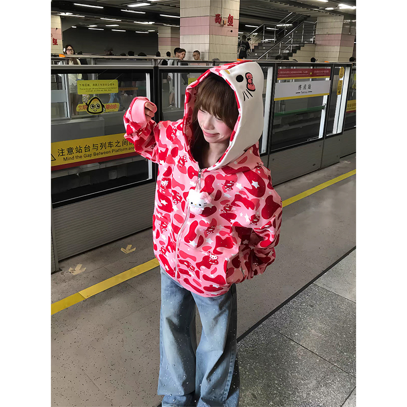 American Retro Full-Print Kitty Cat Camouflage Double-Hooded Sweatshirt for Women, Autumn Loose Casual Couple's Hooded Jacket Trendy American Retro Full-Print Kitty Cat Camouflage Double-Hooded Sweatshirt for Women, Autumn Loose Casual Couple's Hooded Jacket Trendy