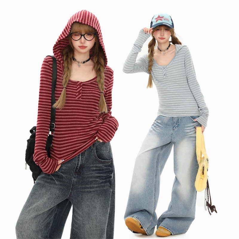 Yikojia American Retro Striped Hooded Long-Sleeved Knit Sweater for Women, Spring Loose Versatile Base Shirt Top