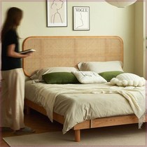 Japanese retro solid wood rattan headboard small apartment B&B bedroom double rattan bed living room combination