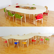 Kindergarten table art training class childrens learning and entertainment square round fan-shaped trapezoid solid wood combination table