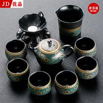 (Jingshanfa) Household old clay ceramic retro Kung Fu tea set complete set of office black pottery teapot lid