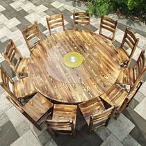 Food stall leisure farm carbonized barbecue hot pot solid wood round table and chair combination hotel restaurant round commercial dining table