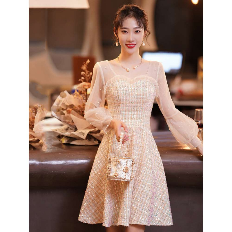Champagne-Colored Evening Gown, Long-Sleeved Engagement Dress, Bridesmaid Dress, Student Ball Gown, Hostess Dress, Can Be Worn Casually as a Small Formal Dress