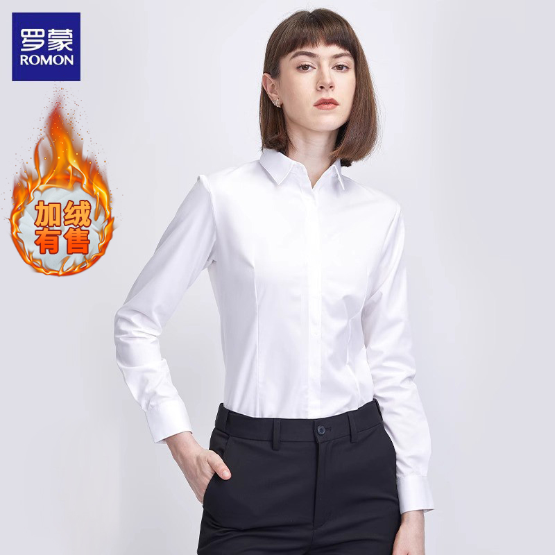 Luo Mengの新しい白い長袖の女性用シャツ、春と秋のベルベットのシャツ、プロの通勤作業服、フォーマルな青い作業服