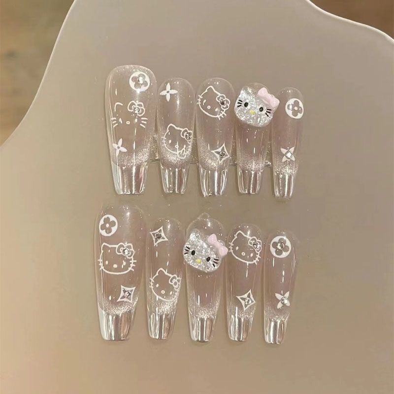 Explosive French-Style Magic Mirror Cat-Eye Kitty Nail Art, Handmade Wearable Nail Tips, Student Long Ladder Nail Art Wearable Nails