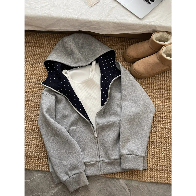 American College Style Color-Block Polka Dot Hoodie for Women, Autumn 2026 New Loose-Fitting Spring and Autumn Trendy Brand Jacket American College Style Color-Block Polka Dot Hoodie for Women, Autumn 2026 New Loose-Fitting Spring and Autumn Trendy Brand Jacket