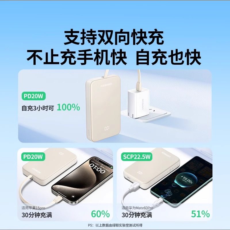 [3C Certified] Ugreen 2026 New Power Bank 10000Mah with Built-In Cable, Suitable for Apple 16E, Xiaomi Phones, Special Fast Charging, Ultra-Thin, Compact, Portable Power Supply, Airplane-Carryable, Official