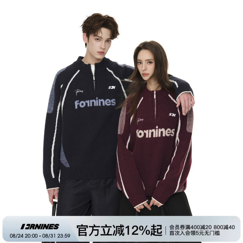 Fornines Half-Zip Autumn and Winter Color-Blocked Sports Sweater for Men and Women, Loose Casual Embroidered Knitted Sweater for Couples