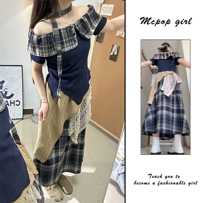 Bohemian Retro One-Shoulder Plaid Top for Women 2026 Summer New Short-Sleeved Skirt and Long Skirt Suit