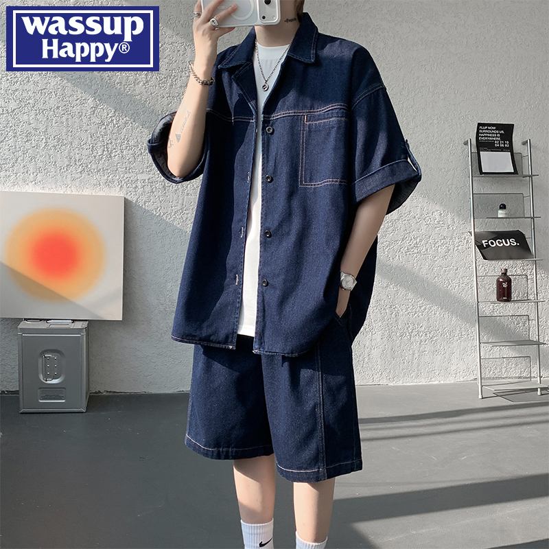 Wassup Happy American Workwear Denim Short-Sleeved Shirt Men's Summer Shirt with Shorts Two-Piece Set