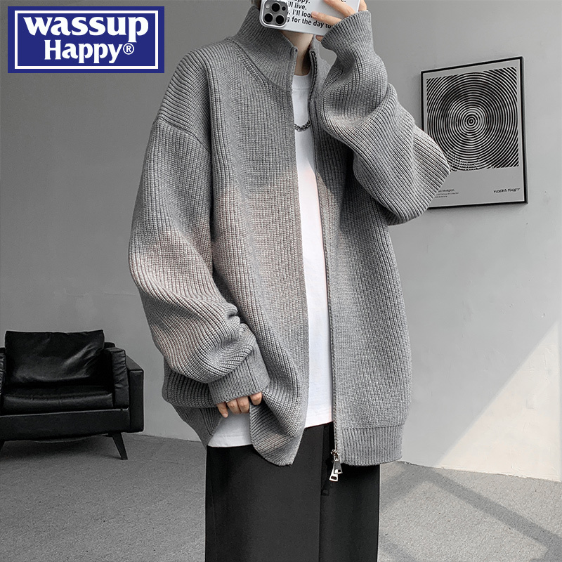 Wassup Happy Autumn and Winter Sweater Men's Loose Casual Zipper Cardigan Loose Coat Stand Collar Knitwear