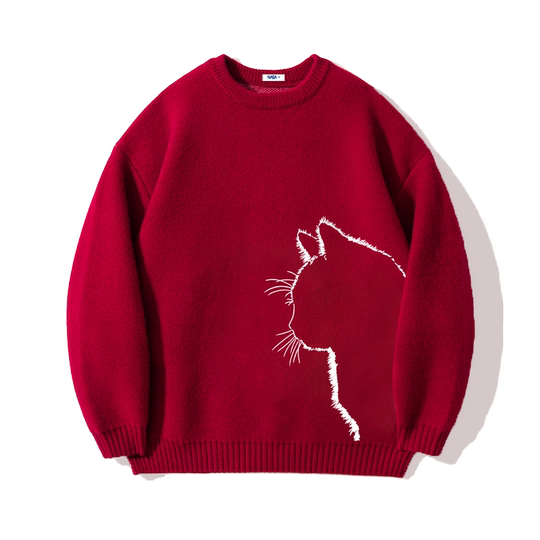 NASA酒红色内搭猫咪毛衣男女款2025秋冬慵懒风情侣百搭针织衫外套