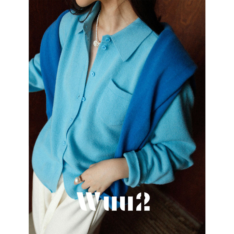 Wuu2 Soft Cloud's Sky: Stunning Lapel Blue Wool Sweater for Women, Knitted Cardigan, Soft and High-Quality, Autumn Outfit Wuu2 Soft Cloud's Sky: Stunning Lapel Blue Wool Sweater for Women, Knitted Cardigan, Soft and High-Quality, Autumn Outfit