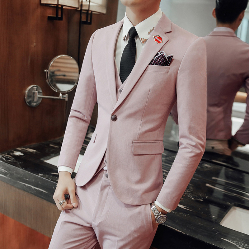 Men's pink western suit suit Youth Business casual suit Three sets of hairstylist Han version Walking Show Gown