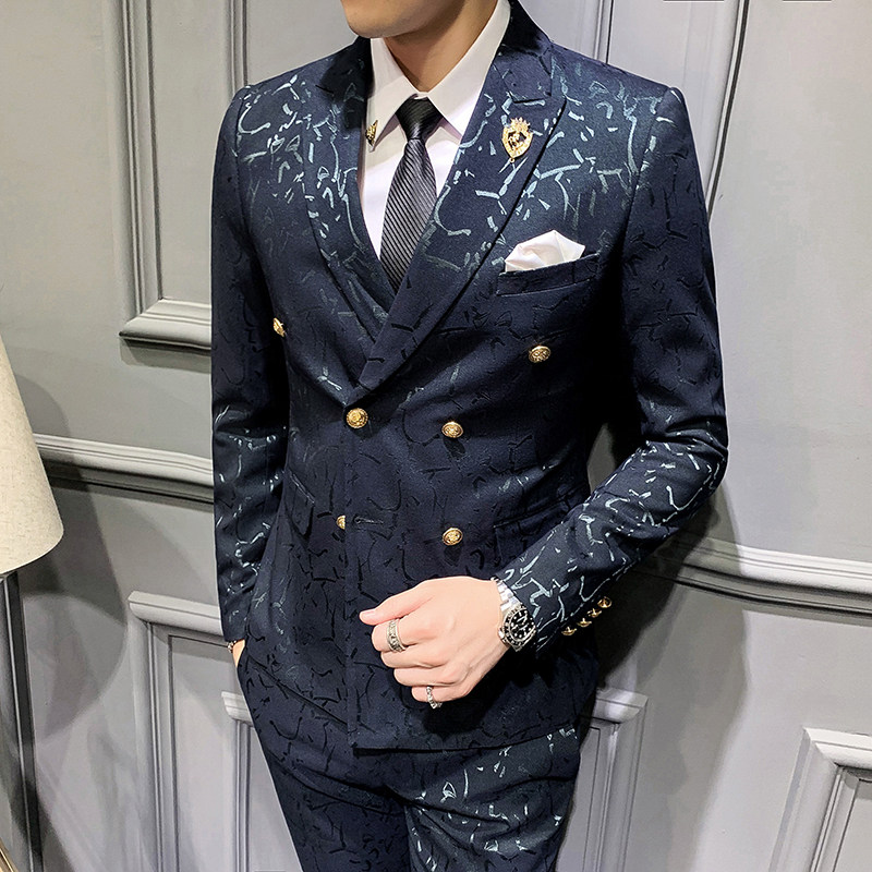 Banquet Gala Gown Suit Stage Play Out Host Nightclub Flower Suit Suit Men's Double Row Button Three Sets