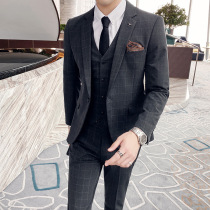 Handsome bridegroom suit suit mens wedding dress Korean version of self-fitting British style plaid suit three-piece suit
